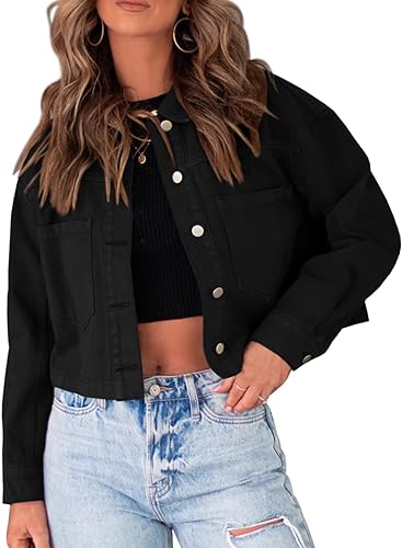 Photo 1 of Aoysky Women's Cropped Jackets Casual Long Sleeve Button Down Jacket with Pockets (BLACK - SMALL)