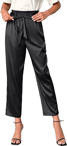 Photo 1 of Haloumoning Women's Satin Cropped Paperbag Pants High Wasited Pants with Pockets Work Business Trousers (BLACK - XLARGE)