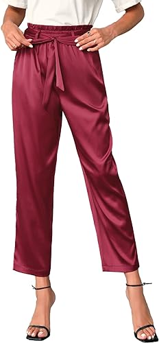 Photo 1 of Haloumoning Women's Satin Cropped Paperbag Pants High Waisted Pants with Pockets Work Business Trousers, PETITE PANTS (WINERED - SMALL)
