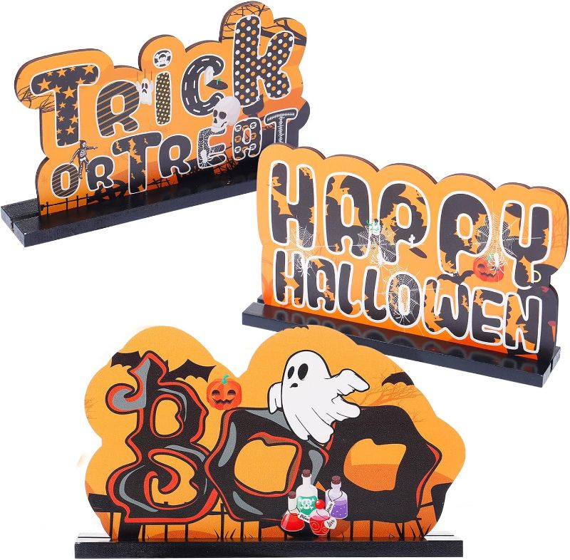 Photo 1 of 3 Pieces Halloween Centerpiece Signs, Happy Halloween Wooden Table Decorations, Trick or Treat Table Topper Signs with Spooky Goast, Pumpkin Shaped Ornaments for Home Party Tabletop Supplies
