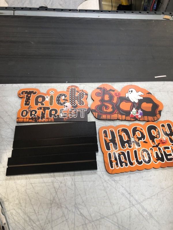 Photo 3 of 3 Pieces Halloween Centerpiece Signs, Happy Halloween Wooden Table Decorations, Trick or Treat Table Topper Signs with Spooky Goast, Pumpkin Shaped Ornaments for Home Party Tabletop Supplies
