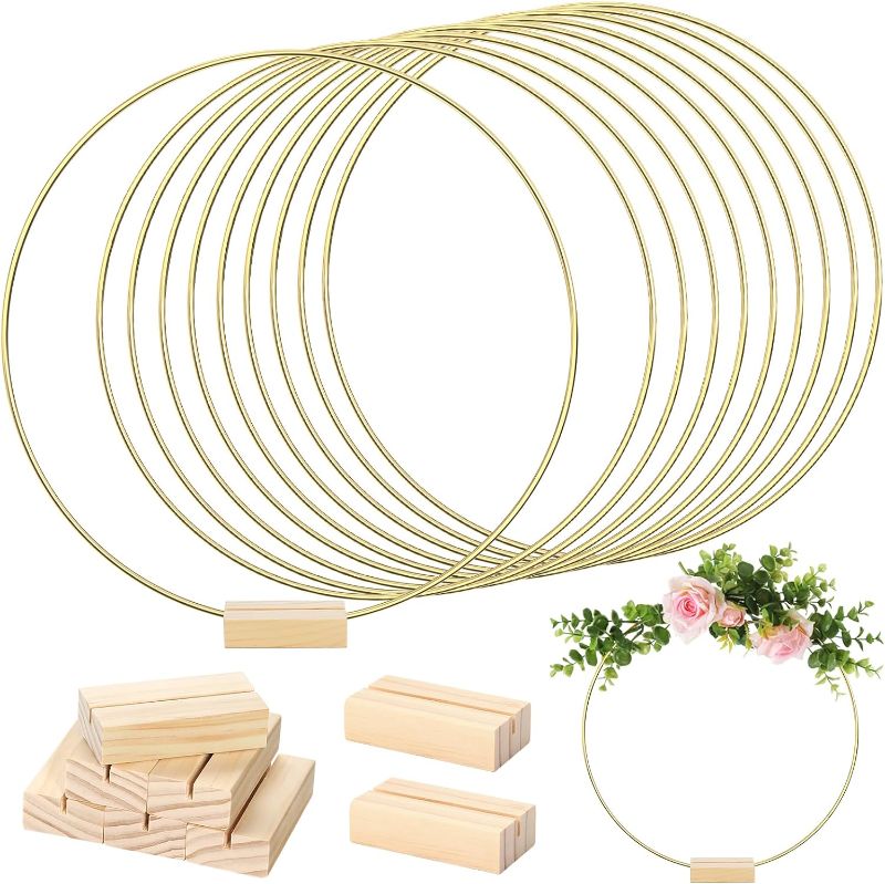 Photo 1 of Aboofx 10 Packs 12 Inch Metal Floral Hoop Centerpiece with 10 Packs Wood Place Card Holders, Gold Hoop Centerpieces for Table, Metal Wreath Ring for DIY Wedding Party Events Table Decoration
