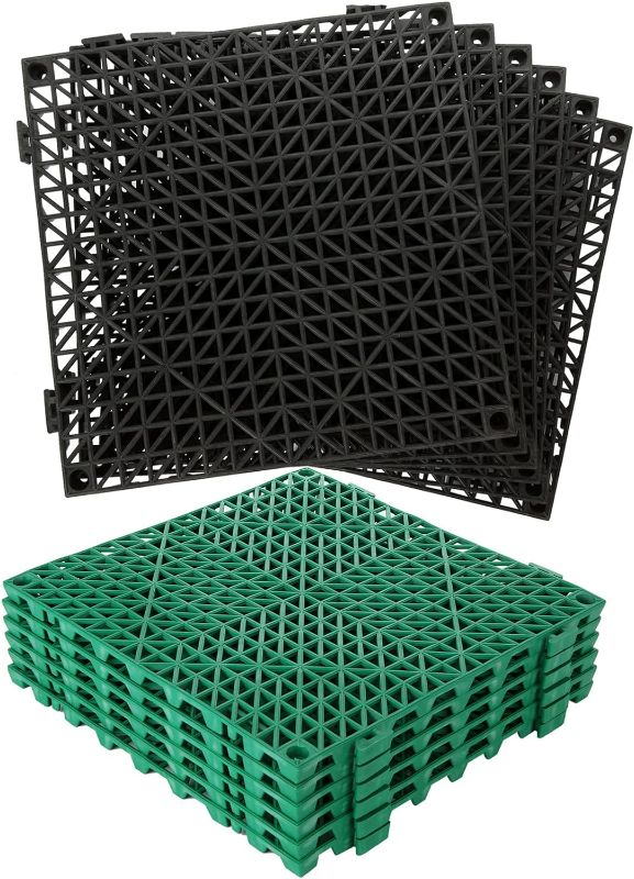 Photo 1 of 12 Pack 11.6 inch Modular Interlocking Rubber Cushion Mat Soft PVC Non-Slip Pool Mats for Floor Splicing Floor Tiles Mat with Holes for Pool, Patio, Bath, Kitchen, Deck, Pet, Drain-Black/Green
