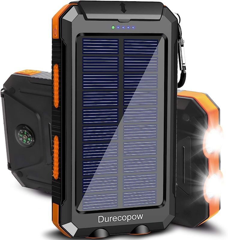 Photo 1 of Durecopow Solar Charger, 20000mAh Portable Outdoor Waterproof Solar Power Bank, Camping External Backup Battery Pack Dual 5V USB Ports Output, 2 Led Light Flashlight with Compass (Orange)

