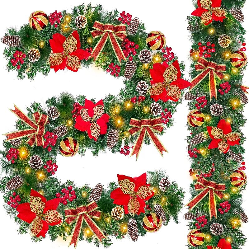 Photo 1 of 2 Pack 9 Ft 100 LED Each Thicker Prelit Christmas Garland Decor 8 Modes Timer 5 Poinsettia 4 Balls 300 Tips 198 Red Berry 4 Bow Xmas Decorations Home Indoor Outdoor, Total 18 Ft 200 LED
