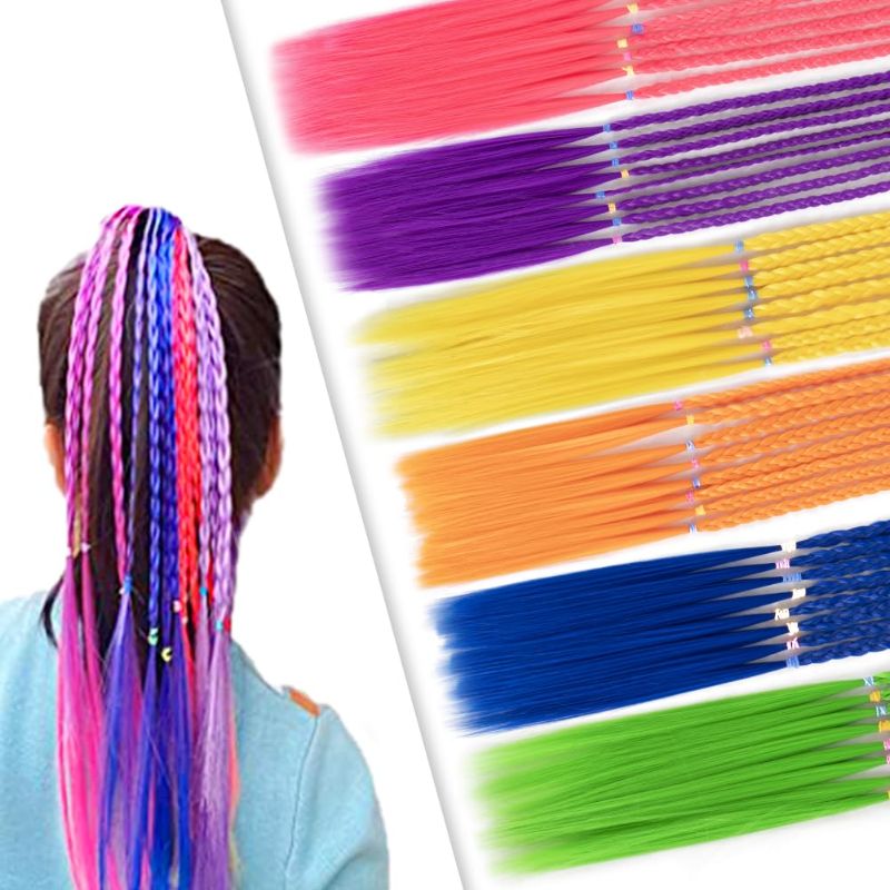 Photo 1 of 12 Pieces Girls Hair Extension Accessories, Colored Braids Ponytail with Rubber Bands, Braided Hairpiece for Kids Accessories for Girls Hair, Colorful Hair Extensions for Girls Kids
