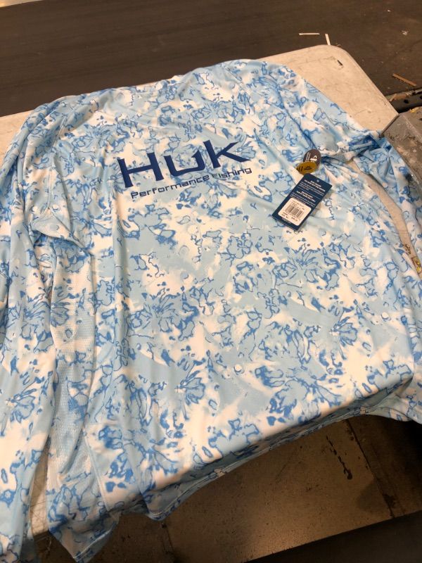 Photo 2 of HUK Men's Pursuit Crew Long Sleeve, Sun Protecting Fishing Shirt Fin Flats - Crystal Blue Large