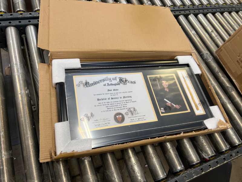 Photo 2 of GraduationMall 11x22 Black Diploma Frame with Tassel Holder and Picture for 8.5x11 Certificate 5x7 Photo,Real Glass,Black Over Gold Mat Black With Silver Beads Diploma + Picture + Tassel