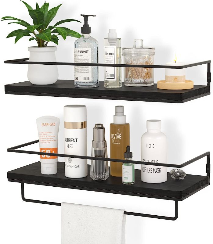 Photo 1 of ZGO Floating Shelves for Wall Set of 2, Wall Mounted Storage Shelves with Black Metal Frame and Towel Rack for Bathroom, Bedroom, Living Room, Kitchen, Office (Black)
