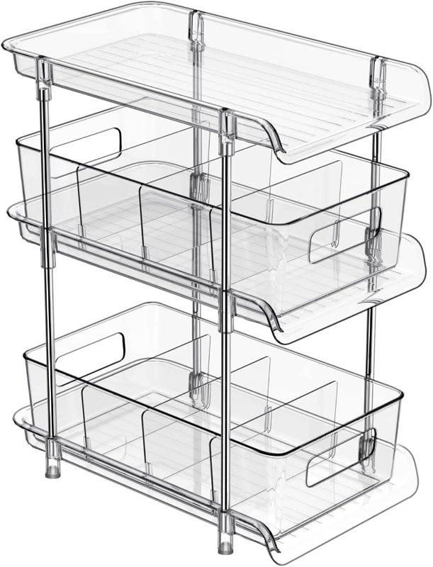 Photo 1 of 3 Tier Clear Bathroom Organizer with Dividers, Multi-Purpose Pull-Out Pantry Organization and Storage, Under Sink Closet Organizers and Storage, Vanity Skincare Cosmetic Organizer Medicine Bins
