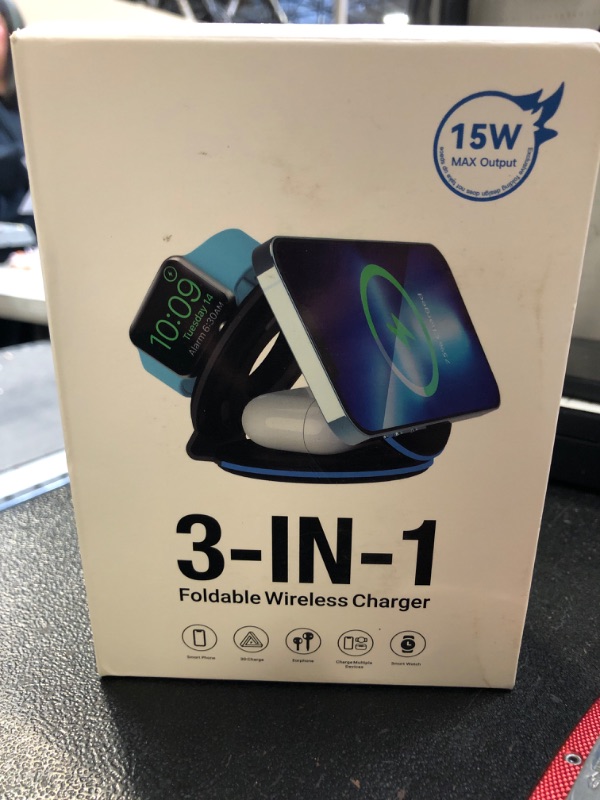 Photo 1 of DREU 3 in 1 Foldable Wireless Charger, Charging Station, Magnetic Wireless Charging Pad, Qi Charger, Compatible with iPhone 15/14/13/12/SE/11 Pro Max/XS/X/XR/8, Samsung, iWatch, AirPods Pro/2/3-BK
