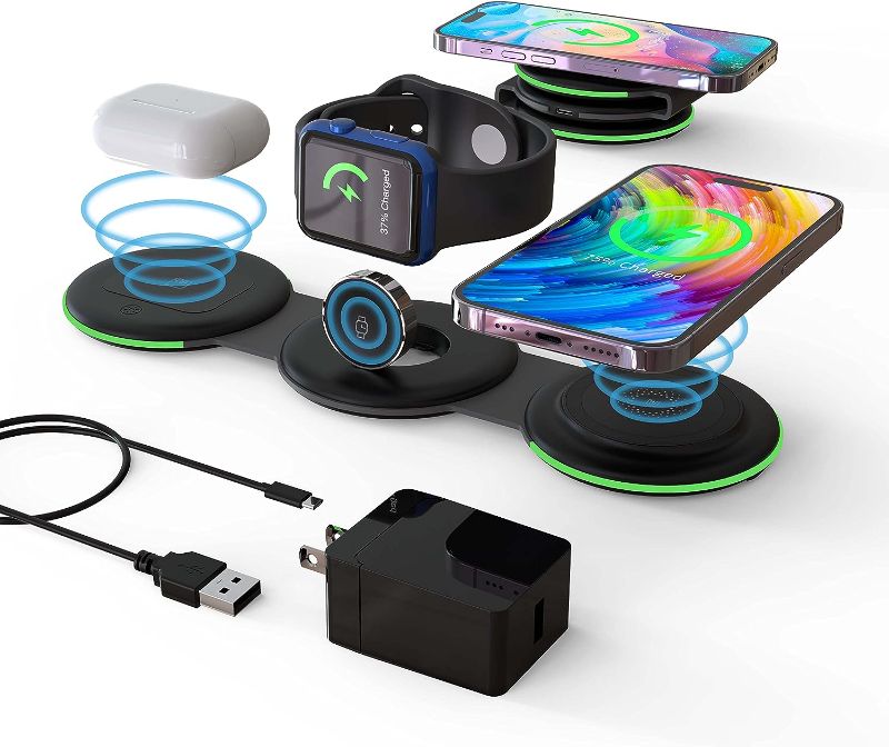 Photo 1 of DREU 3 in 1 Foldable Wireless Charger, Charging Station, Magnetic Wireless Charging Pad, Qi Charger, Compatible with iPhone 15/14/13/12/SE/11 Pro Max/XS/X/XR/8, Samsung, iWatch, AirPods Pro/2/3-BK
