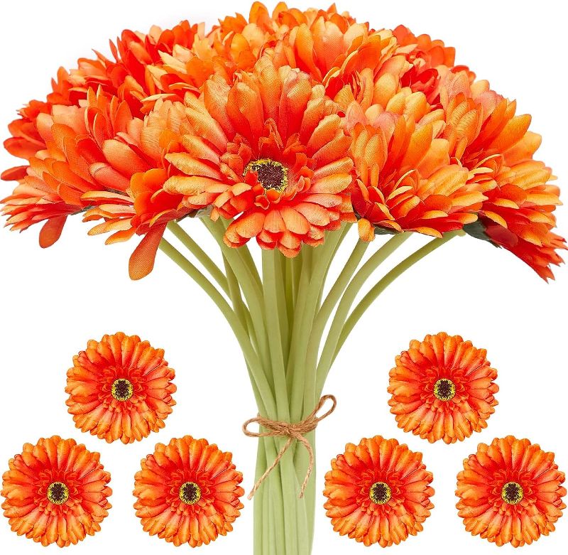 Photo 1 of 20 Pcs 20 Pcs Artificial Daisies Flower Fake Gerbera Daisy Faux Bouquet African Daisy Flower Artificial Flowers for Wedding Bridal Bouquet Party Home Kitchen Table Centerpiece (Orange)
