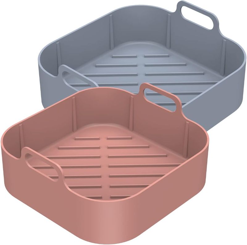 Photo 1 of 2 Packs Silicone Air Fryer Pot with Handle Reusable Air Fryer Liner Replacement of Parchment Paper Liners Heat Resistant 8 inch Square Baking Pan Air Fryer Basket 3.6 To 6.8QT Air Fryer (Line)
