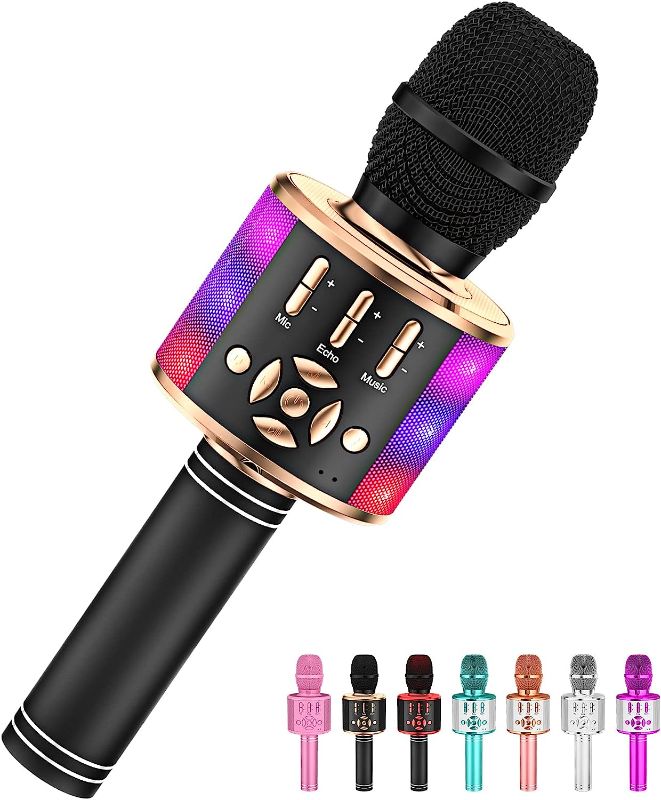 Photo 1 of Amazmic Kids Karaoke Microphone Machine Toy Bluetooth Microphone Portable Wireless Karaoke Machine Handheld with LED Lights, Gift for Children Adults Birthday Party, Home KTV(Black Gold)
