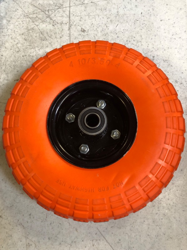 Photo 2 of 4.10 3.50-4 Tire and Wheel, 10 Inch Flat Free Tire with 5/8” Axle Bore Hole and Double Sealed Bearings, for Gorilla Cart Wheels/Dolly Tires/Hand Truck Tires/Dump Cart Tires
