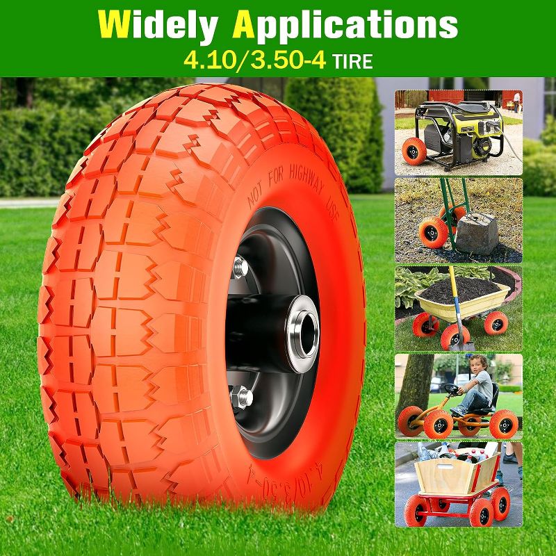 Photo 1 of 4.10 3.50-4 Tire and Wheel, 10 Inch Flat Free Tire with 5/8” Axle Bore Hole and Double Sealed Bearings, for Gorilla Cart Wheels/Dolly Tires/Hand Truck Tires/Dump Cart Tires
