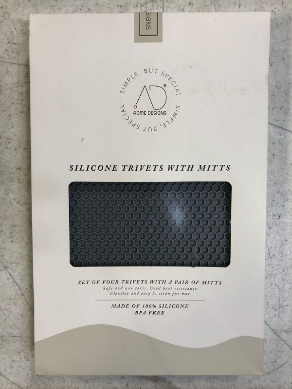 Photo 2 of AD Silicone Trivet Mat Kitchen Tool Set: Easy to Wash & Dry Multi- Purposed Drying Hot Pads, Heat Resistance Pot Holders That are Non Slip, Flexible, Dishwasher Safe (Grey with 2 Mitts)
