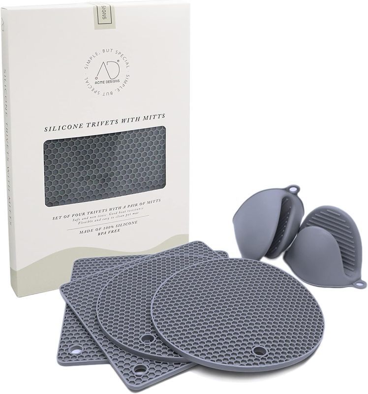 Photo 1 of AD Silicone Trivet Mat Kitchen Tool Set: Easy to Wash & Dry Multi- Purposed Drying Hot Pads, Heat Resistance Pot Holders That are Non Slip, Flexible, Dishwasher Safe (Grey with 2 Mitts)
