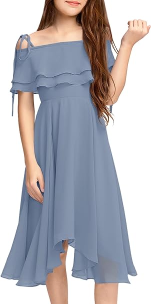 Photo 1 of  Girls Off Shoulder Summer Dress Kids Ruffle Spaghetti Strap Casual Sundress Formal Dress 5-14 Years
