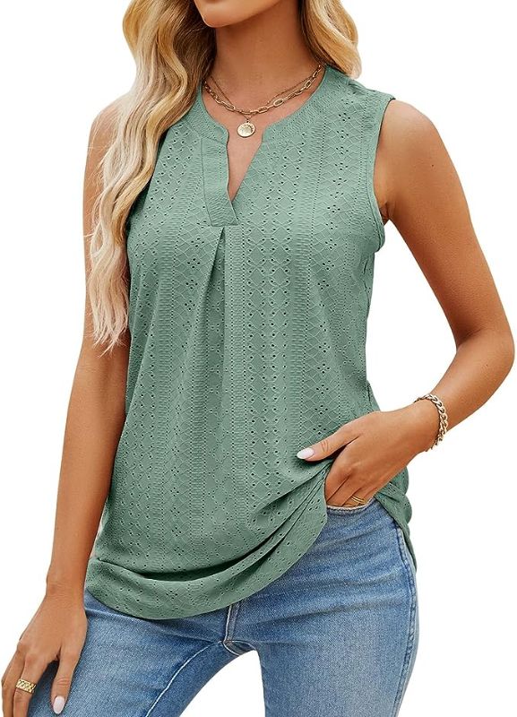 Photo 1 of  Women's 2023 Summer Sleeveless Tank Tops V Neck Dressy Work Shirts Casual Loose Fit Eyelet Tops Blouses XL