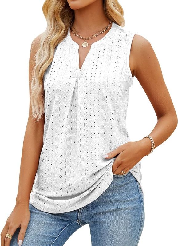 Photo 1 of  Women's 2023 Summer Sleeveless Tank Tops V Neck Dressy Work Shirts Casual Loose Fit Eyelet Tops Blouses  XXL