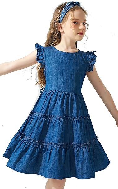 Photo 1 of J.ESterguard Girls Denim Dresses Flutter Sleeve A-Line Ruffle Casual Dresses 9-10
