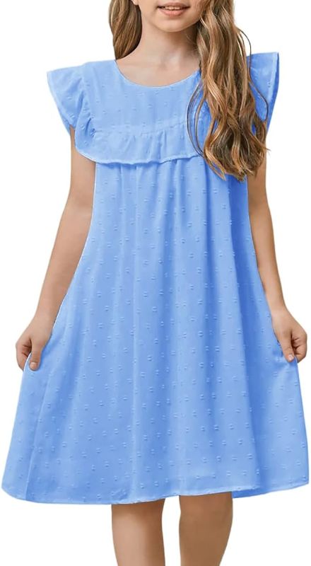 Photo 1 of Ferrtye Girls Swiss Dot Lined Midi Dresses Ruffle Trim Keyhole Back Solid Loose Fit Casual Dress 9-10 
