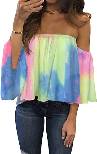 Photo 1 of Bluetime Women Summer Off Shoulder Chiffon Blouses Ruffles Short Sleeves Sexy Tops Casual T Shirts Small B