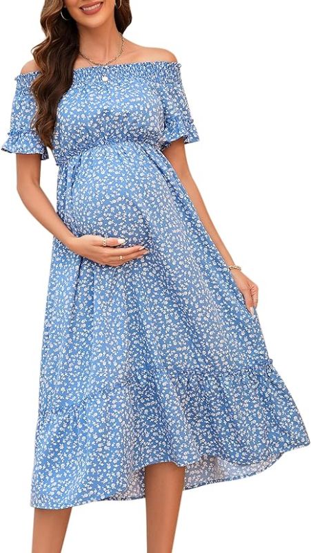 Photo 1 of FUNJULY Maternity Dress Women's Floral Off Shoulder Smocked Ruffle Short Sleeve A Line Flowy Maxi Dress for Baby Shower S
