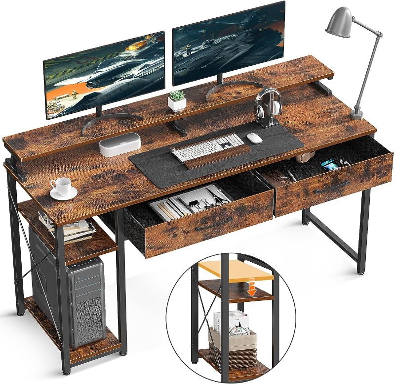 Photo 1 of ODK Computer Desk with Drawers, 55 Inch Office Desk with Storage Bag & Shelves, Work Writing Desk with Monitor Stand Shelf, Bedroom Home Office Desks, Rustic Brown Desk
