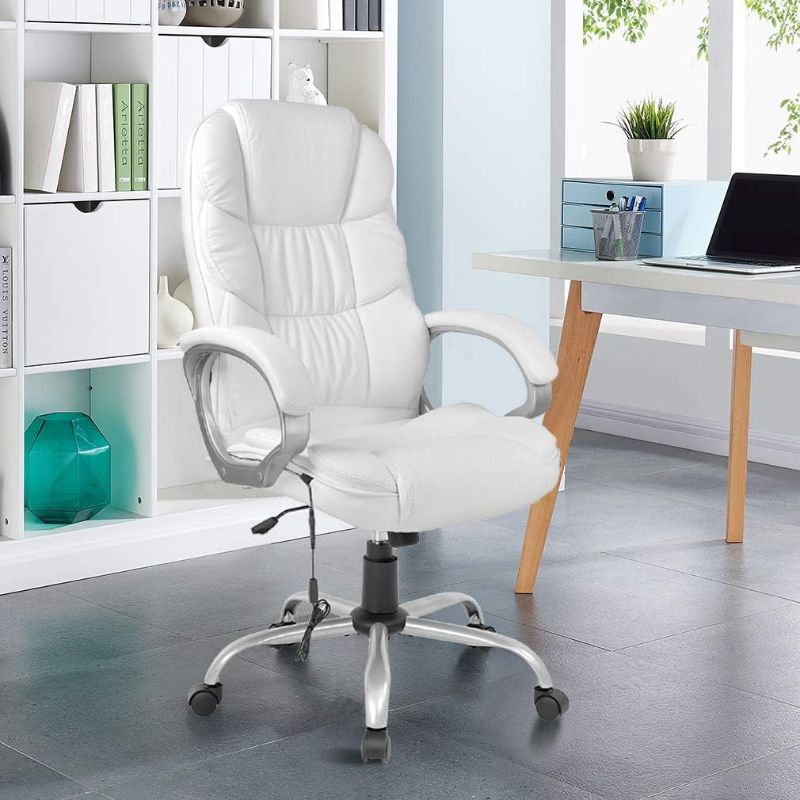 Photo 1 of Home Ergonomic Office Chair Comfortable Desk Chair Rolling Swivel Computer Chair with Lumbar Support Headrest Armrest High Back Task Chair PU Leather Executive Chair for Men Adults(White)

