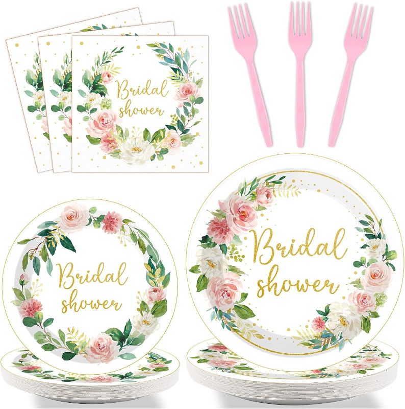 Photo 1 of 96 Pieces Bridal Shower Party Decorations Miss to Mrs Bride to be Party Tableware for Wedding Shower Dessert Plates Napkins Forks for 24 Guests Engagement Party Favors
