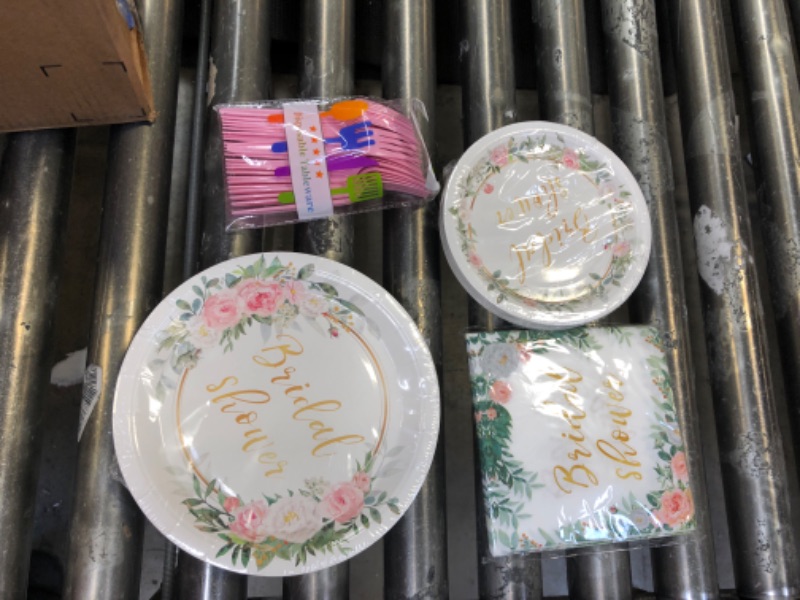 Photo 2 of 96 Pieces Bridal Shower Party Decorations Miss to Mrs Bride to be Party Tableware for Wedding Shower Dessert Plates Napkins Forks for 24 Guests Engagement Party Favors
