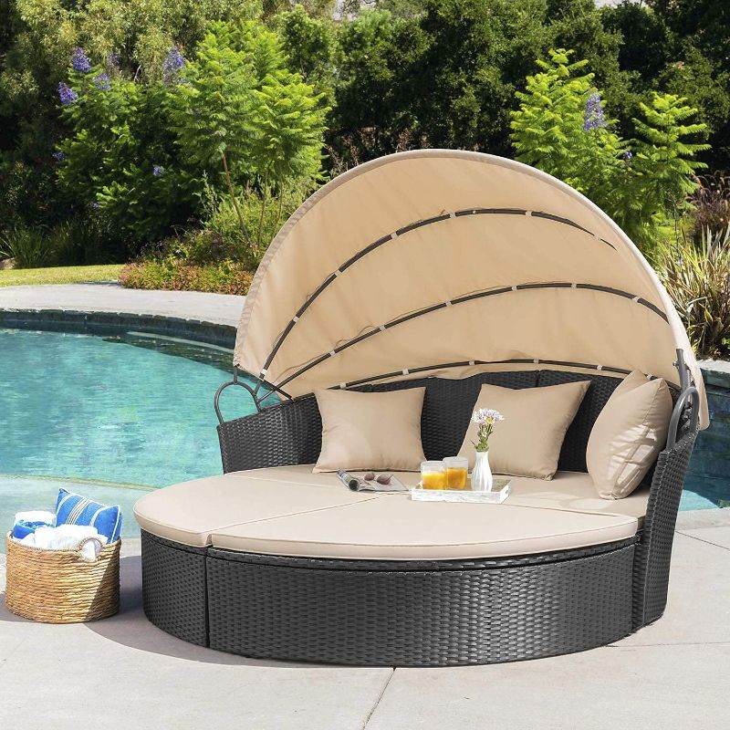 Photo 1 of Patio Furniture Outdoor Daybed with Retractable Canopy Rattan Wicker Furniture Sectional Seating with Washable Cushions for Patio Backyard Porch Pool Round Daybed Separated Seating (Beige)