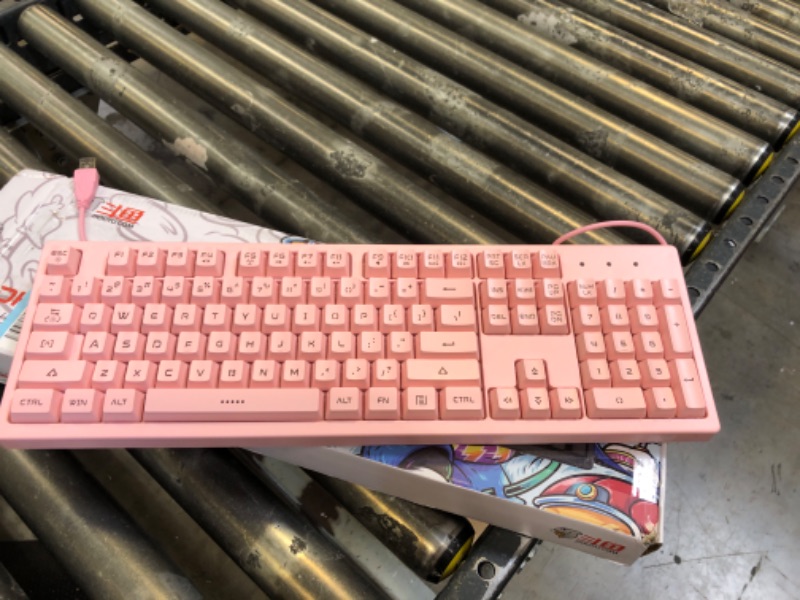 Photo 2 of FIRSTBLOOD ONLY GAME. DKS100 Computer Keyboard, White Backlit Mechanical Feeling Membrane Gaming Keyboard, Wired 104 Keys for Gaming Office and Typing, Pink