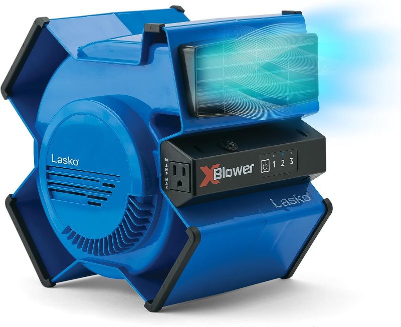 Photo 1 of Lasko X-Blower 6 Position High Velocity Pivoting Utility Blower Fan for Cooling, Ventilating, Exhausting and Drying, 3 Speeds, AC Outlet, Circuit Breaker with Reset, USB Port, 11", Blue, X12905
