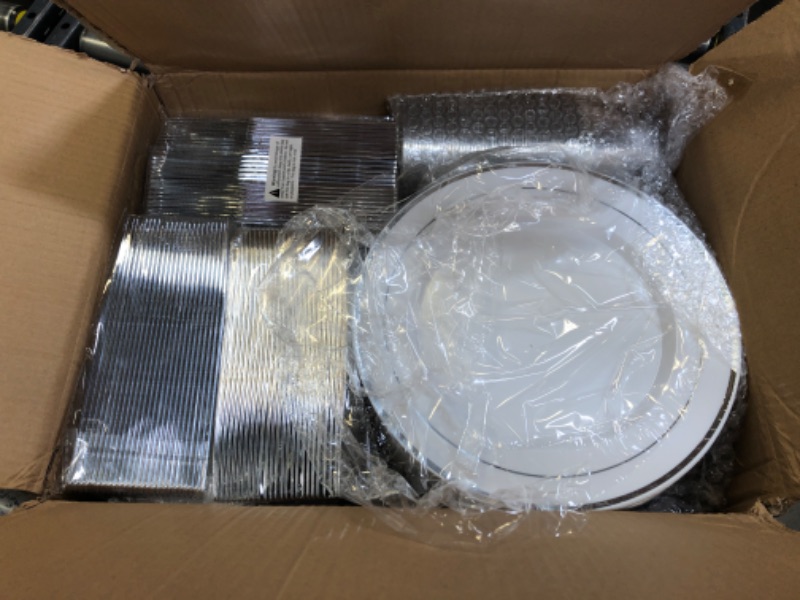 Photo 2 of 600 Piece Silver Dinnerware Set 100 Guests, Disposable Silver Rim Plates, 100 Dinner Plastic Plates, 100 Salad Silver Plates, 100 Silver Plastic Silverware, 100 Plastic Cups Wedding Birthday Parties