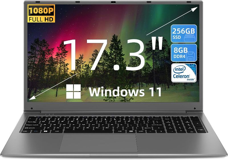 Photo 1 of SGIN 17" Laptop, 8GB RAM 256GB SSD Notebook, 17 Inch Laptops with IPS Full HD, Intel Celeron N4020(Up to 2.8GHz), Mini HDMI, Webcam, Dual Wi-Fi, Windows 11 Home, Expandable Storage 512GB TF(Gray)
