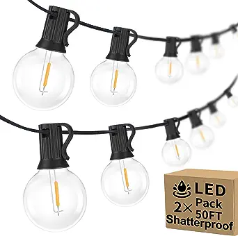 Photo 1 of 100ft 2-Pack Outdoor G40 LED Globe String Lights Dimmable Waterproof Shatterproof Light Strings with 52 Bulbs Connectable Commercial Hanging Lights for Christmas Patio House Backyard Balcony Party
