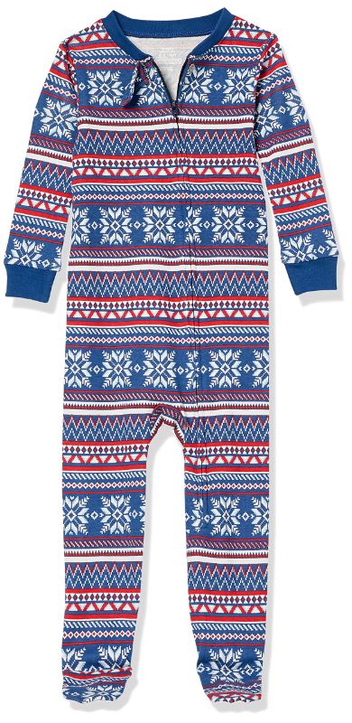 Photo 1 of Amazon Essentials Unisex Toddlers and Babies' Snug-Fit Cotton Footed Sleeper Pajamas, Multipacks 1 Blue Fair Isle 3T