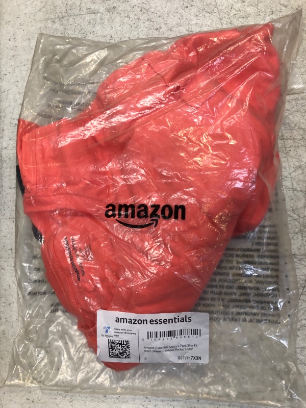 Photo 2 of Amazon Essentials Men's Slim-Fit Short-Sleeve Crewneck T-Shirt, Multipacks Small Coral Pink/Dark Navy Pocket