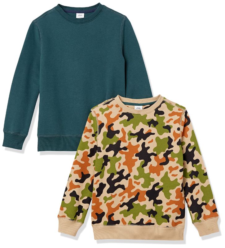 Photo 1 of Amazon Essentials Boys and Toddlers' Fleece Crew-Neck Sweatshirts, Multipacks 2 Beige Camo/Dark Green X-Small