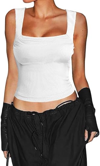 Photo 1 of Allytok Cropped Tank Tops for Women Y2K Summer Square Neck Sleeveless Strappy Ribbed Top White Small 