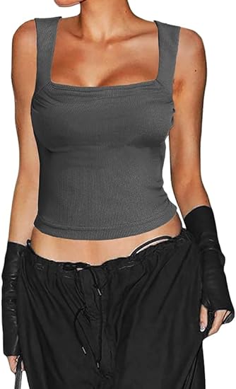 Photo 1 of Allytok Cropped Tank Tops for Women Y2K Summer Square Neck Sleeveless Strappy Ribbed Top Grey XS