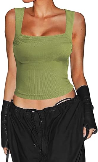 Photo 1 of Allytok Cropped Tank Tops for Women Y2K Summer Square Neck Sleeveless Strappy Ribbed Top Green Small 