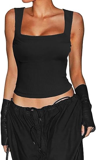 Photo 1 of Allytok Cropped Tank Tops for Women Y2K Summer Square Neck Sleeveless Strappy Ribbed Top Black XS