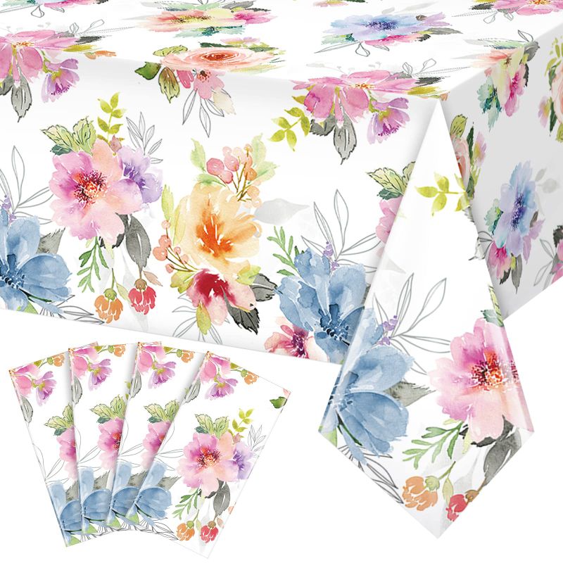 Photo 1 of 4Pcs Spring Floral Tablecloth,Watercolor Pink Purple Blue Flower Plastic Table Cover for Easter Decor, Summer Spring Picnic, Dining, Holiday, Weeding,Tea Party Supplies and Decorations,54 x 108 Inch Spring Floral Tablecloth 4 Pcs