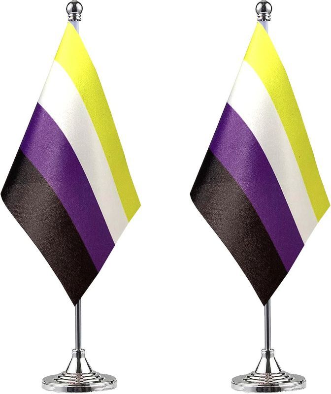 Photo 1 of ZXvZYT 2 Pack Pride Non-Binary flag NB table flag,Small Mini LGBT Desk Flags With Stand Base,American Rainbow Mardi Gras Party Decorations Supplies Nonbinary Flag 
