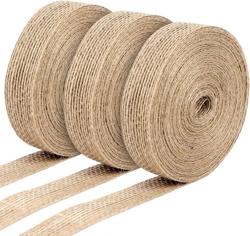 Photo 1 of 3 Rolls Burlap Ribbon Roll Jute Fabric Ribbon Thin Natural Ribbon for Crafts, Gift Wrapping, Christmas, Wedding, Party, Wreaths, Bows, DIY, Decoration 0.8inch Wide 11Yards Long Each Roll
